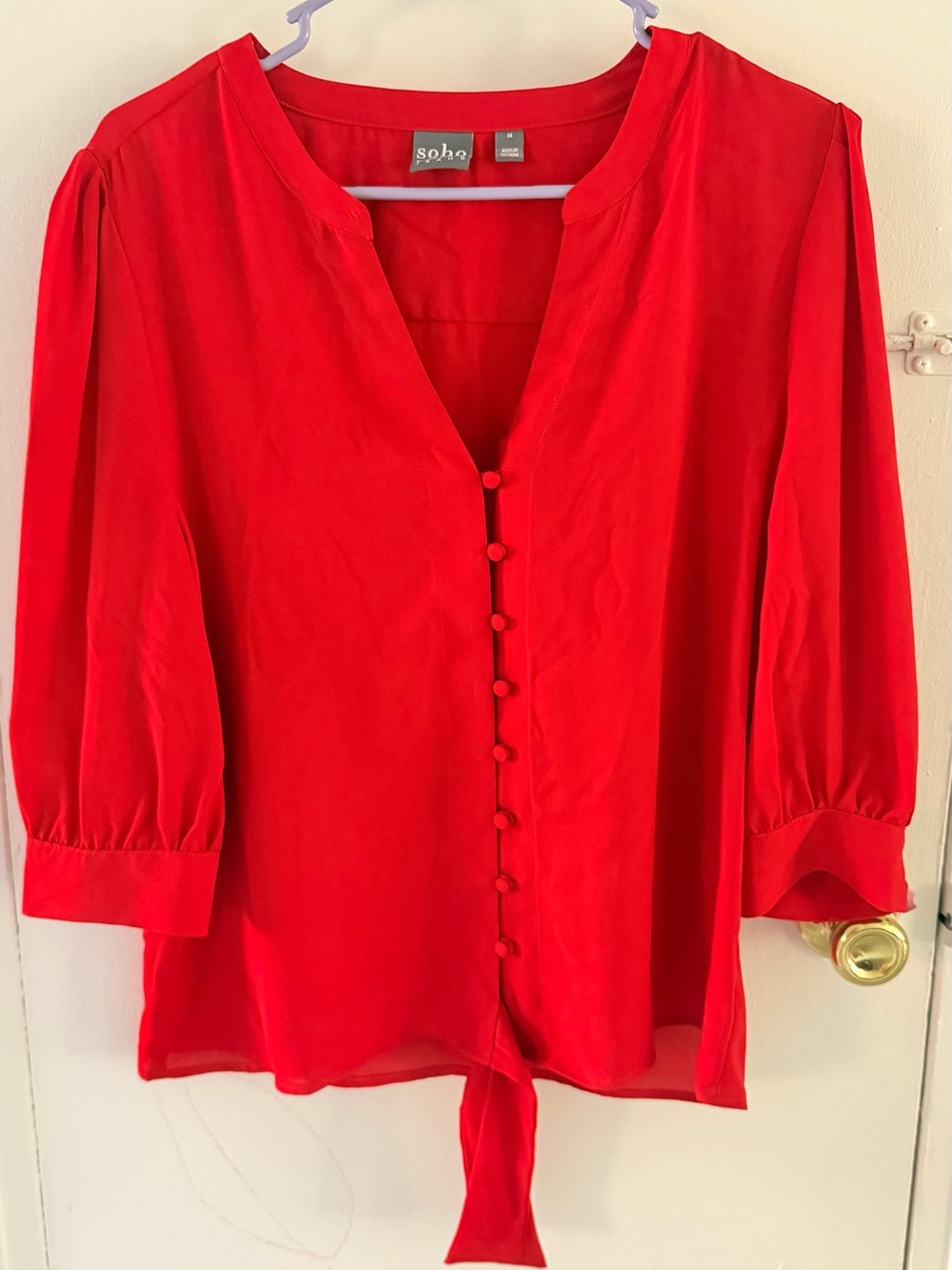 New York & Company Red V-Neck Button-Front Blouse